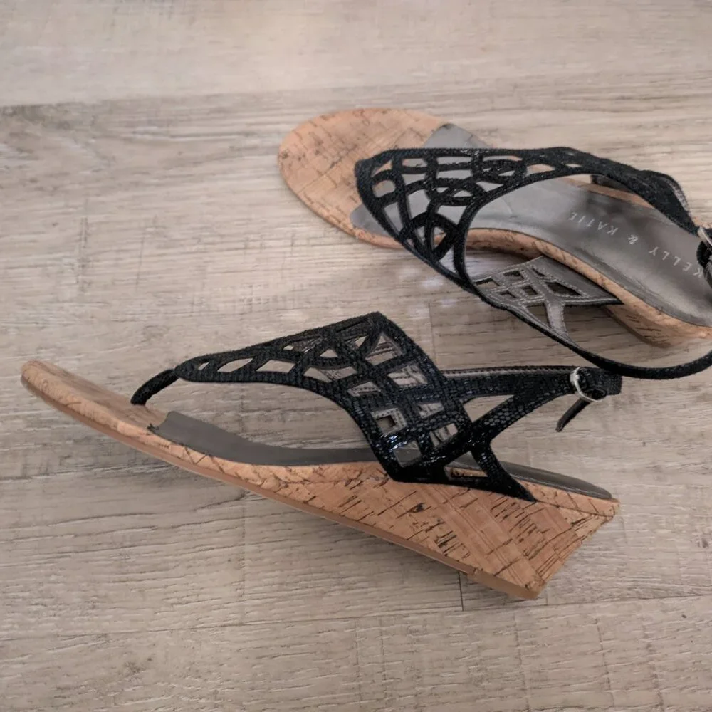 Kelly & Katie Black Cork Wedge Sandals - Picture 2 of 2